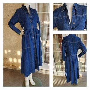 Vintage 80s Western Long Sleeve Denim Maxi Dress